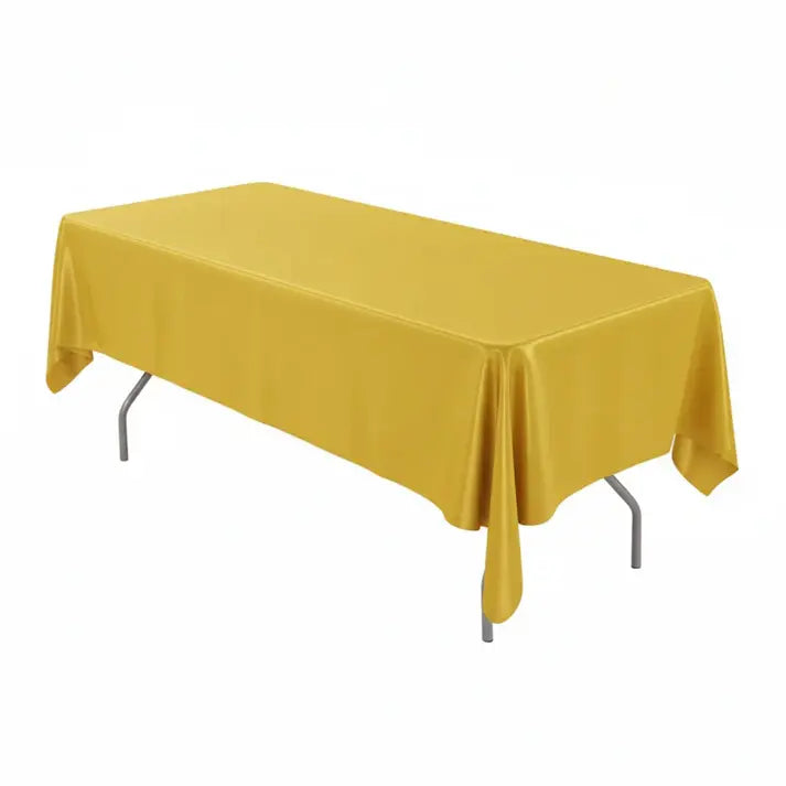 "Location nappe rectangulaire jaune 300x180 cm sur table de banquet, tissu polyester anti-tache finition satinée, idéale pour anniversaire et événement"