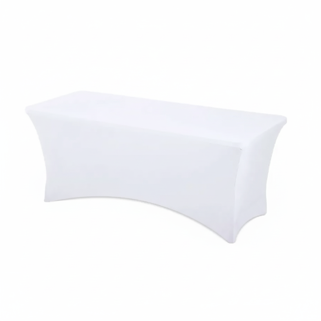 Location nappe rectangulaire lycra blanc 180 cm, housse stretch infroissable, rendu lisse et professionnel, idéal mariage et événement d’entreprise