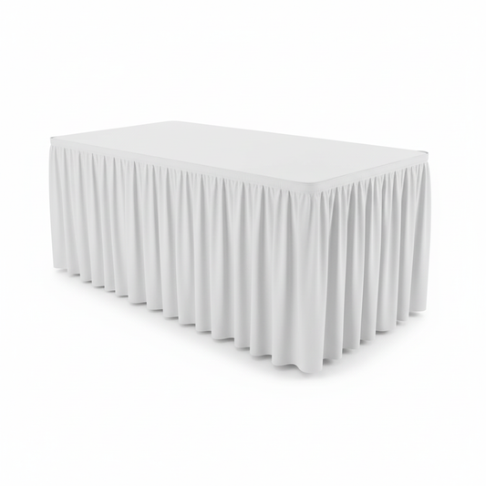 Location juponnage lycra blanc table 180 cm, jupe plissée stretch, rendu professionnel sans faux plis, idéal mariage et communion