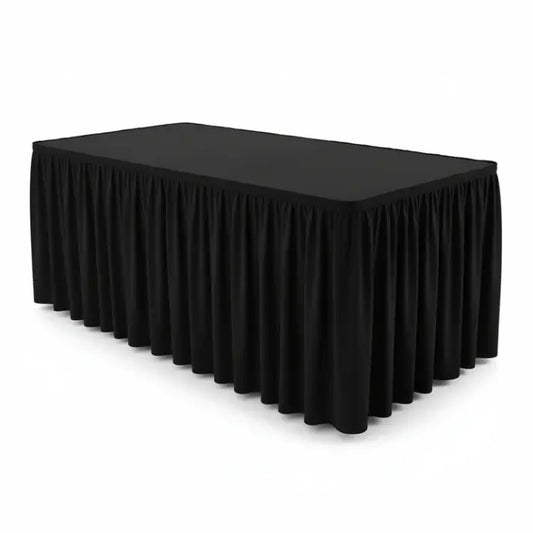 "Location juponnage lycra noir table 180 cm, jupe plissée stretch, rendu professionnel sans faux plis, idéal gala et événement d'entreprise"