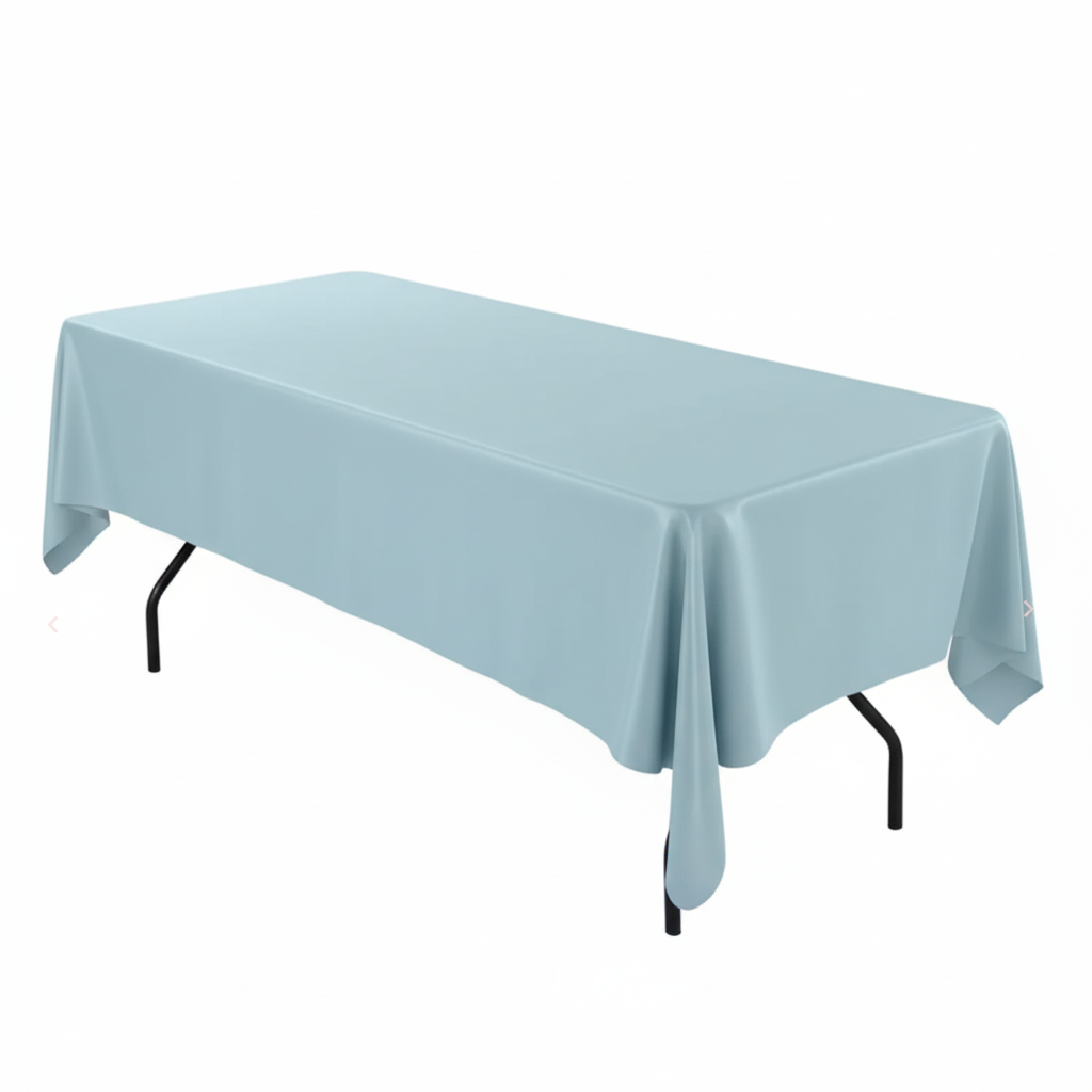 Location nappe rectangulaire bleu baby 300x180 cm sur table de banquet, tissu polyester anti-tache finition satinée, idéale pour baptême, baby shower et mariage