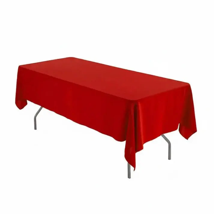 "Location nappe rectangulaire rouge 300x180 cm sur table de banquet, tissu polyester anti-tache finition satinée, idéale pour gala, Noël et mariage"