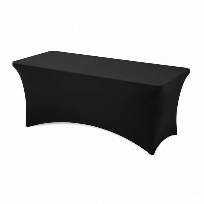 Location nappe rectangulaire lycra noir 180 cm, housse stretch infroissable, rendu lisse et professionnel, idéal gala et événement d’entreprise