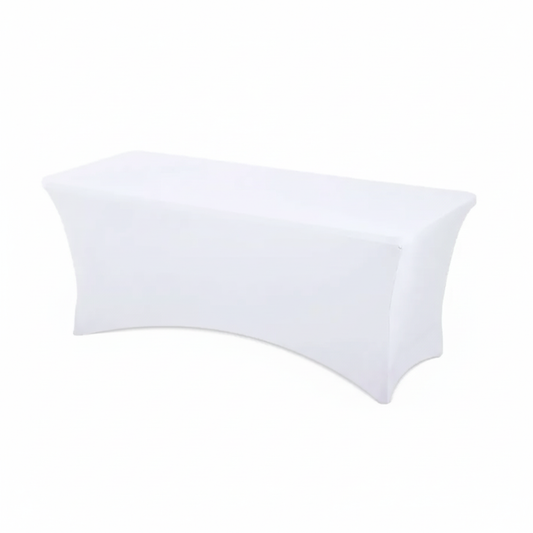 Location nappe rectangulaire lycra blanc 180 cm, housse stretch infroissable, rendu lisse et professionnel, idéal mariage et événement d’entreprise